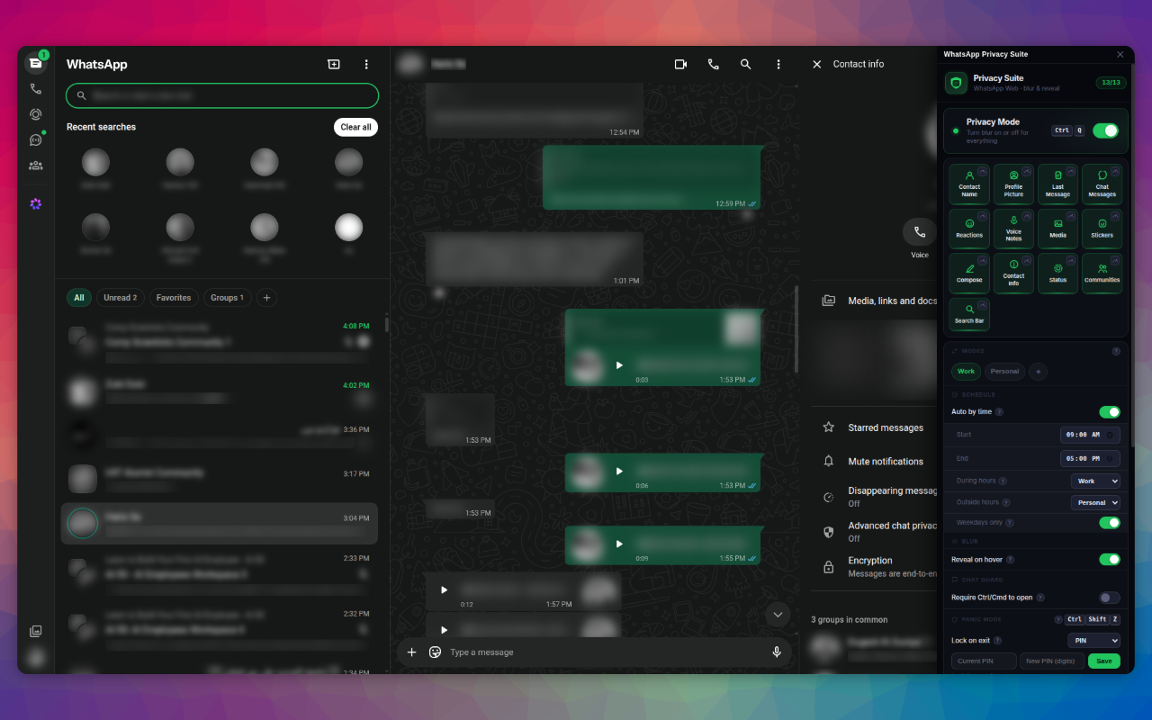 WhatsApp Web with the Privacy Suite popup open and chats blurred