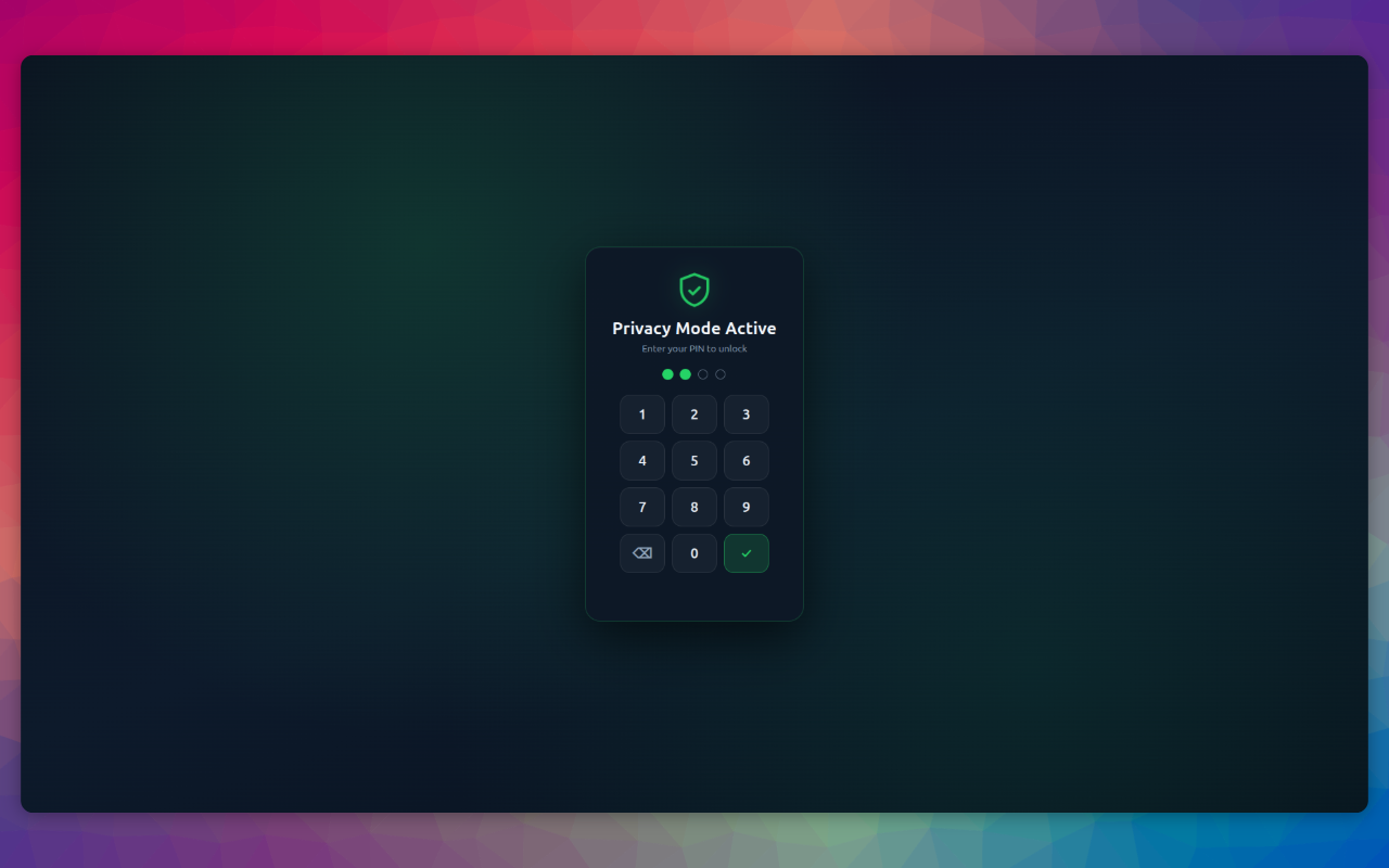 Panic Mode privacy shield covering WhatsApp Web with a lock prompt